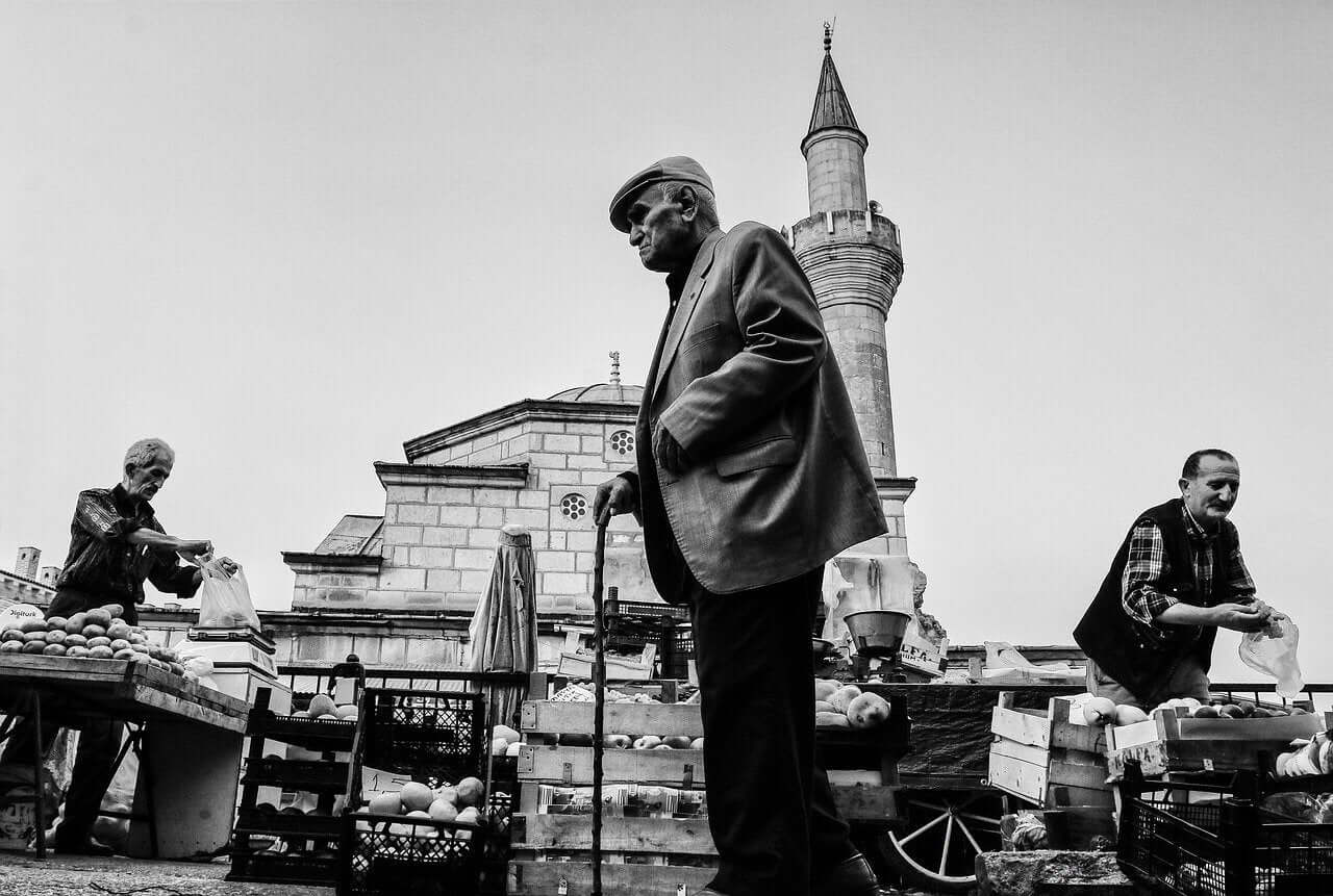 Alte Menschen, Männer, Markt, Gehstock