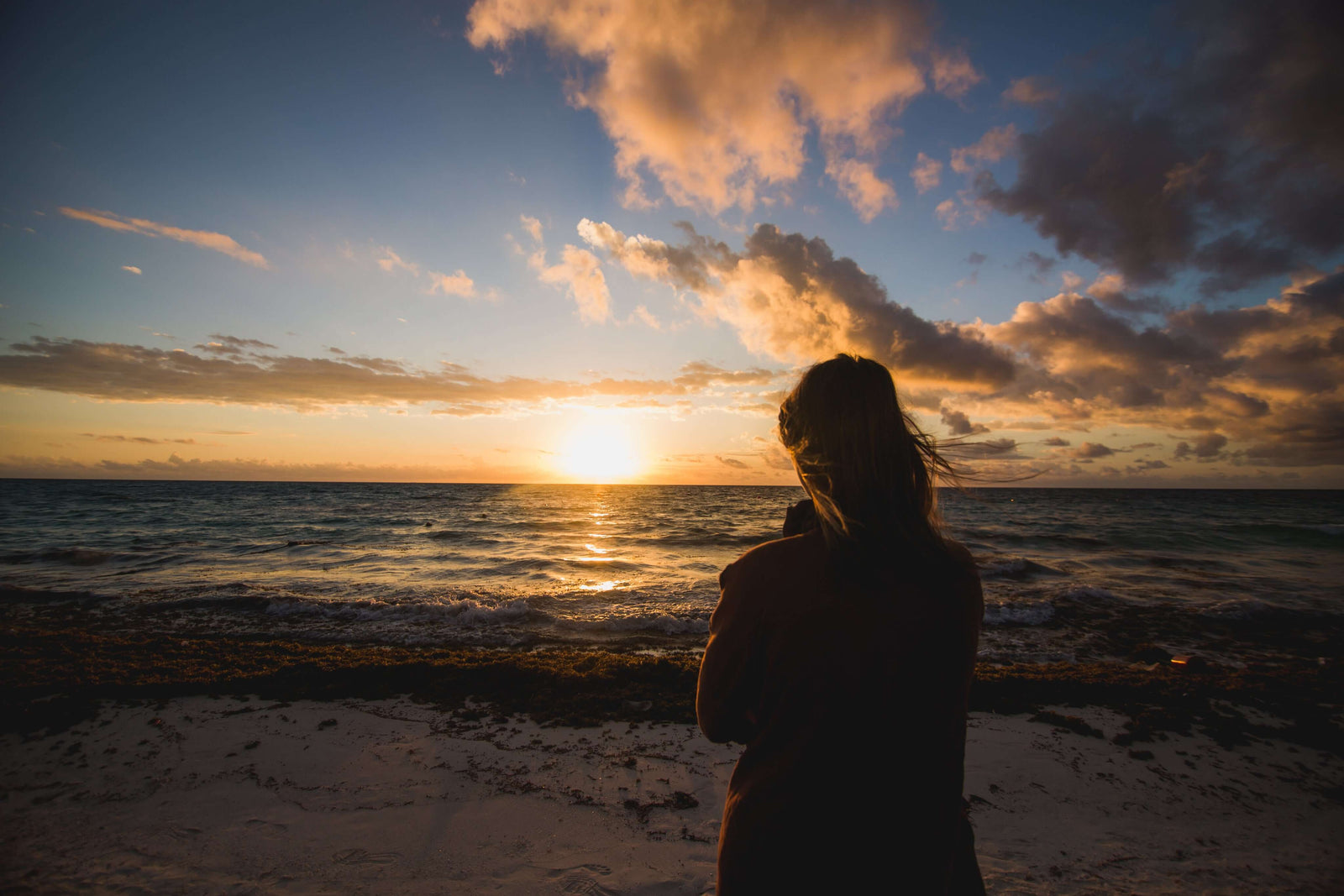 Sonnenuntergang, Zukunft, Nachdenken, Frau, Strand, Meer, Sonne